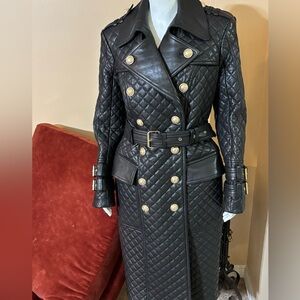 Balmain Black Quilted Trench Coat with Gold Buttons